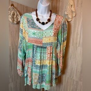 Haptics Floral Patterned Patchwork Look V-Neck Top Blouse Shirt